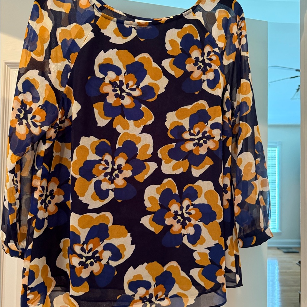 CAbi Navy and Mustard Floral Blouse